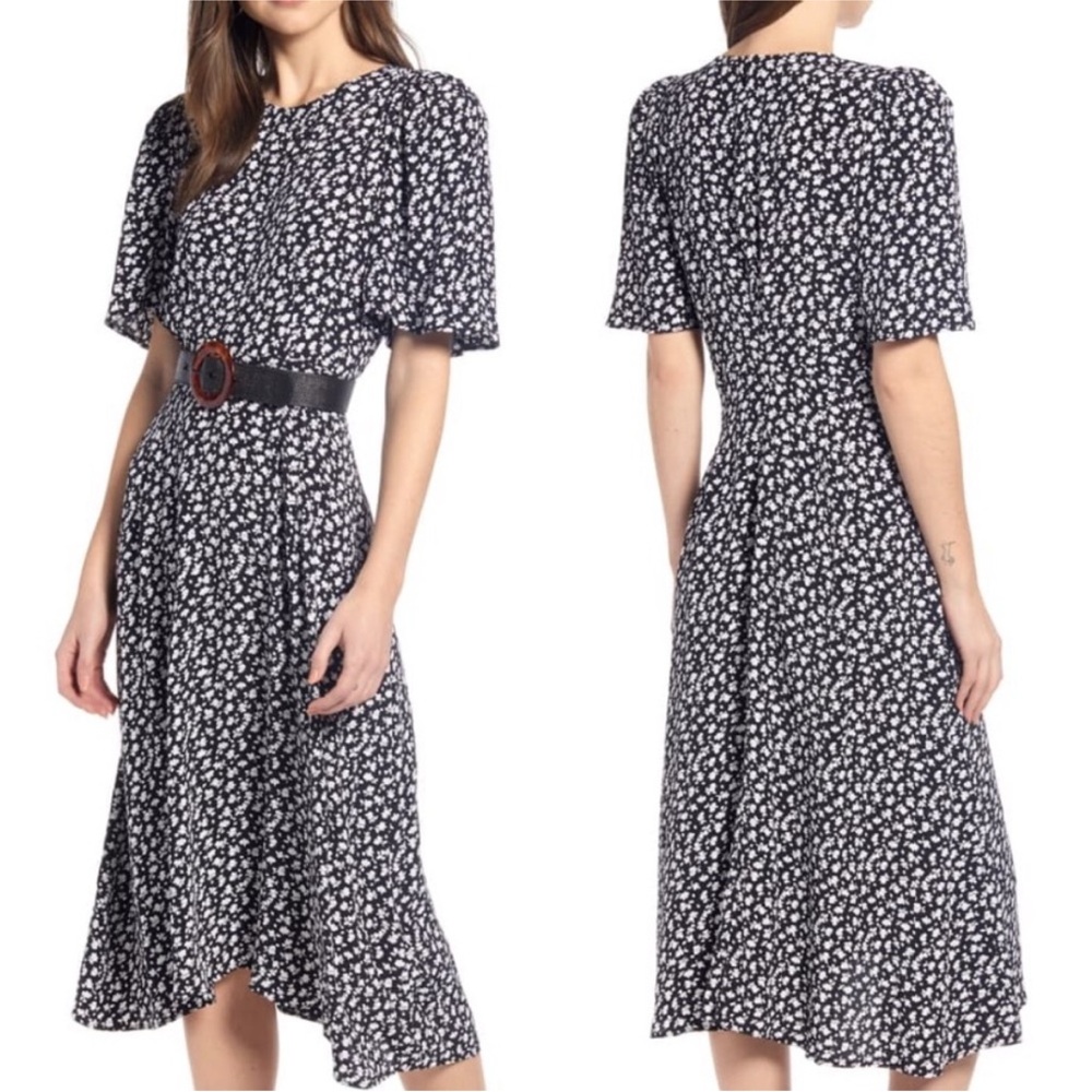 Something Navy Strong Shoulder Floral Midi Dress